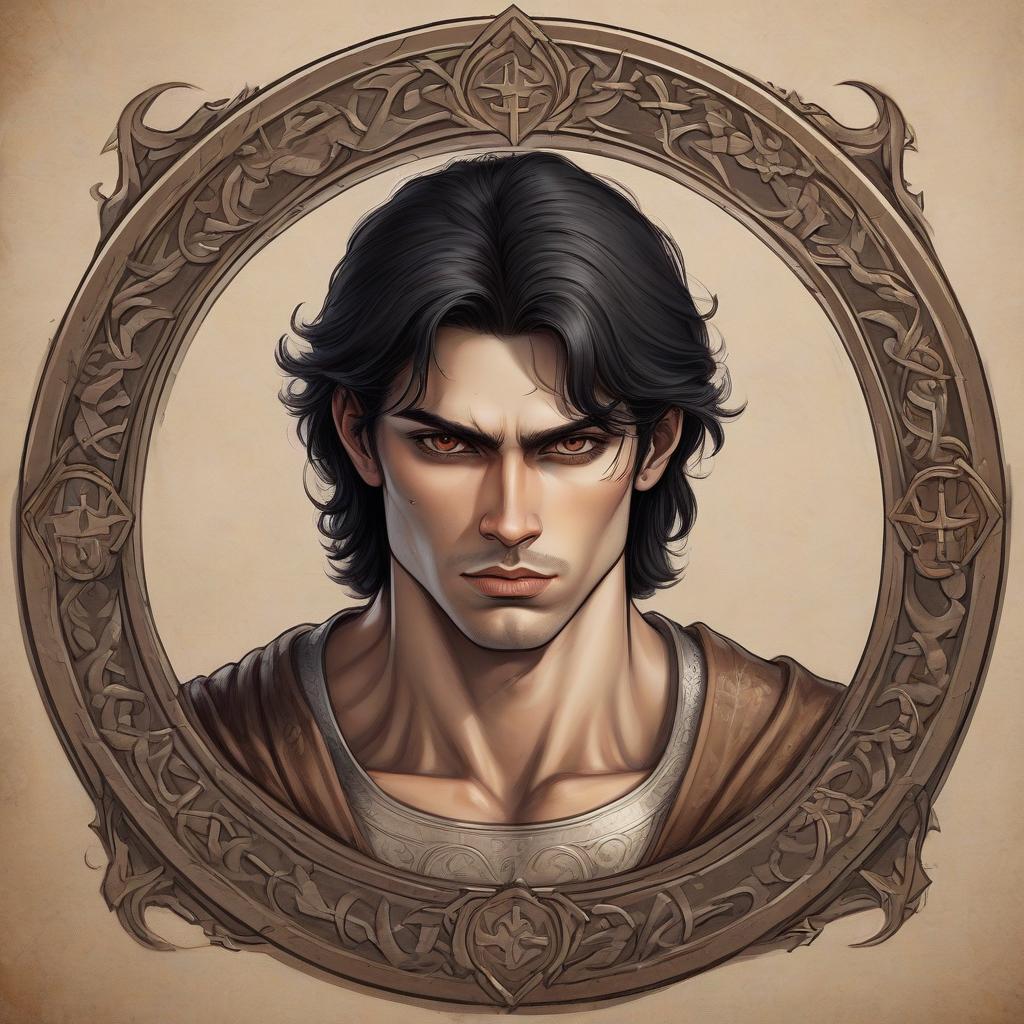  draw a guy with black hair long under a frame 19 years brown eyes light skin muscular in the middle ages style of drawing the face of an ordinary slavic chin round