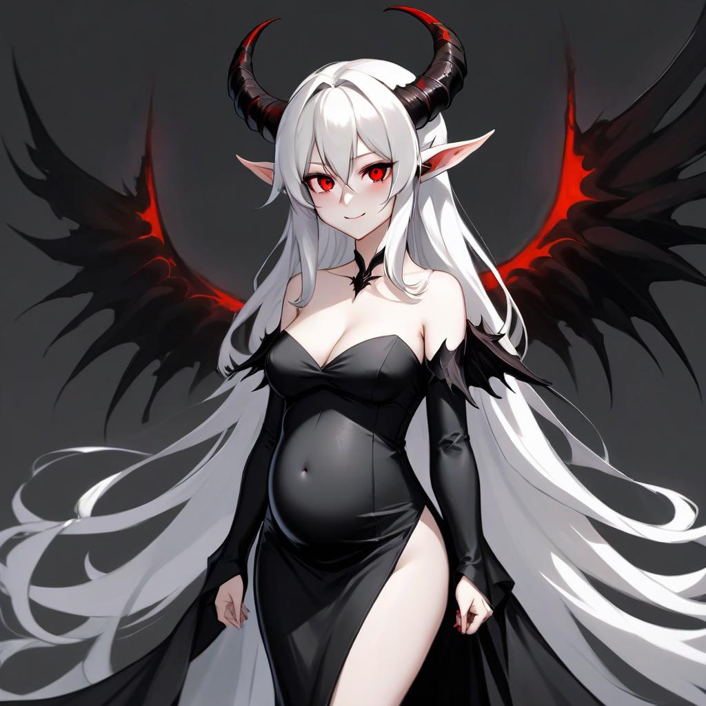  minimalist style anime, wedding dress, girl, demon, pregnant, smile, red eyes, black pupils, elven ears, white skin, long white hair, black horns, huge demonic black wings, black tail, monotonous light background . simple, clean, uncluttered, modern, elegant