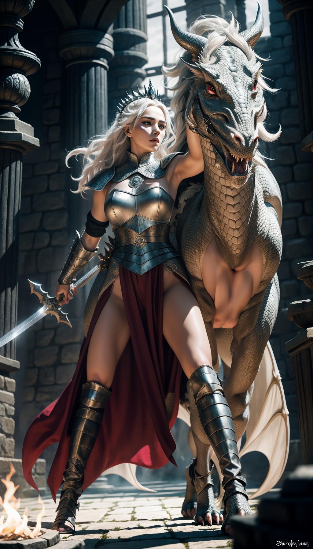  create hyper realistic rhaenyra targaryen queen of the seven kingdoms from house of the dragon (((showing full body))), holding a finest majestic sword with a fury fierce dragon on her shoulder, beautiful medieval queen, freckles, violet eyes, white blonde hair, very tanned skin, dragon behind her, realistic, queen of dragons, fantasy, sci fi, showing full body in elegance and grace, low angle shot