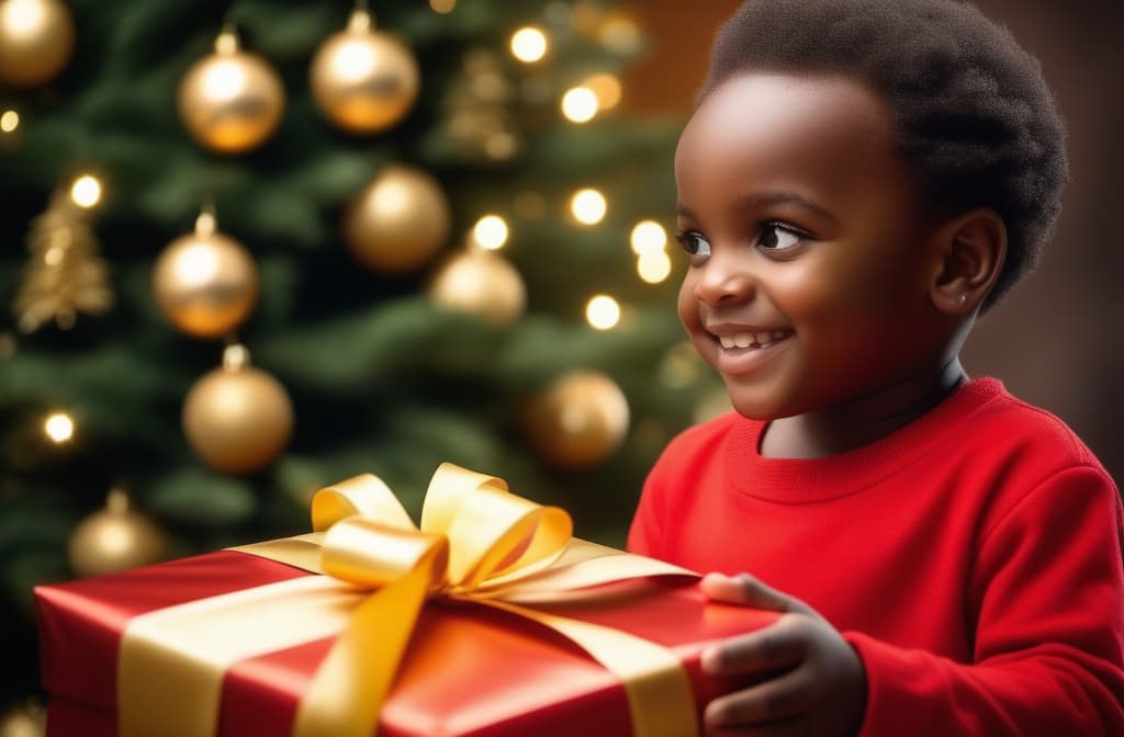  An African child against the background of a New Year tree takes a beautifully wrapped gift from the hands of Santa Claus. Close up, a child smiles and looks at Santa Claus, Santa Claus at a child ar 3:2 high quality, detailed intricate insanely detailed, flattering light, RAW photo, photography, photorealistic, ultra detailed, depth of field, 8k resolution , detailed background, f1.4, sharpened focus