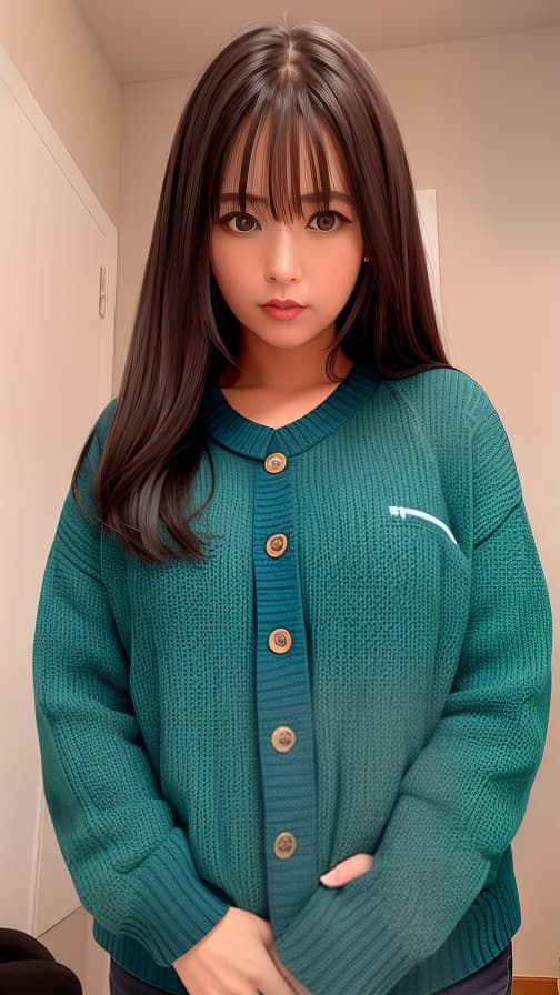  Room V sweater with dark blue-green buttons Brown hair semi-straight long woman Fearful face