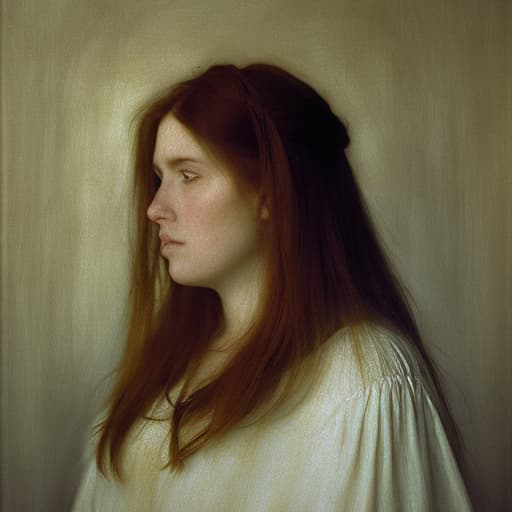 analog style Emotional, dramatic oil painting of a lovely Pre-Raphaelite Beata Beatrix distraught girl accused of witchcraft. It is from the side and she is looking upwards. The composition looks like Dante Gabriel Rossettti’s Beata Beatrix painted by Rembrandt. Beautiful, ornate, emotionally engaging oil painting with soft, lost edges painted by John William Waterhouse. Complex , ornate composition using the golden ratio.