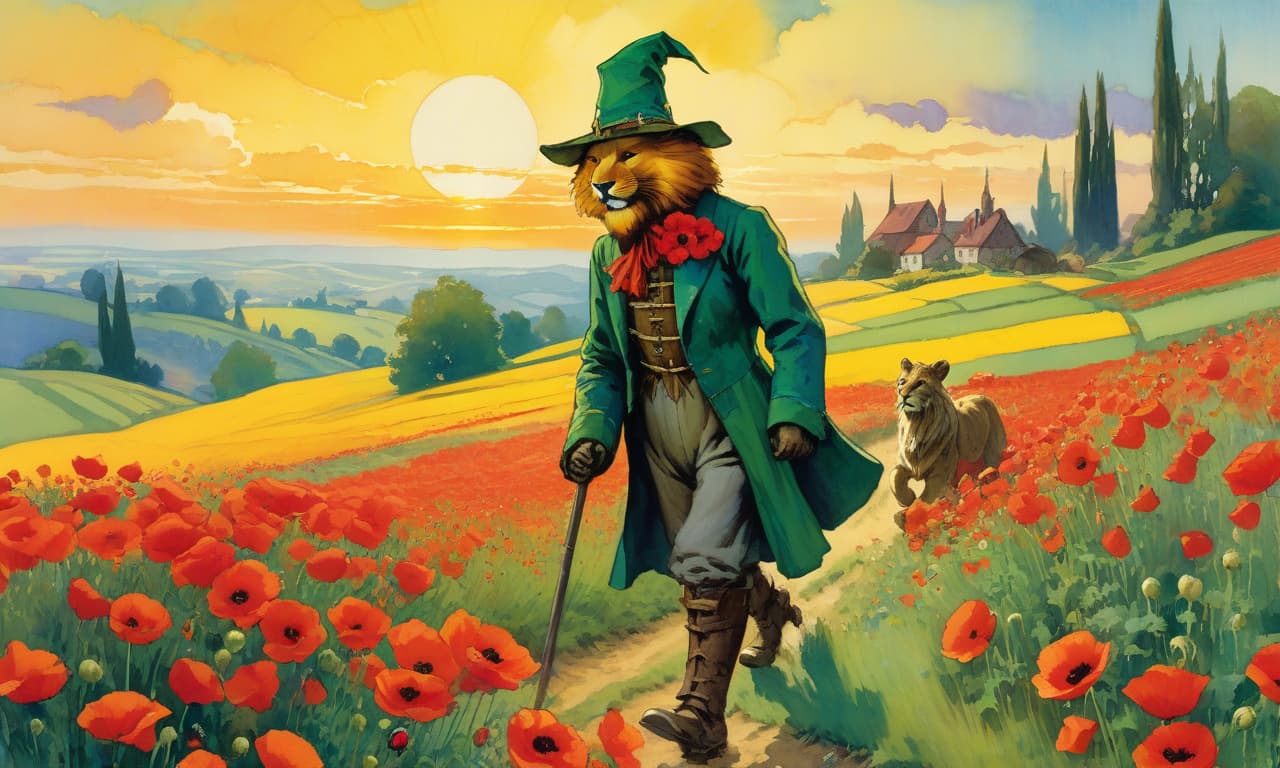  illustration for the book "the wizard of the emerald city", along the yellow brick road near the field of poppies are walking: scarecrow a plump, cute garden scarecrow, short in stature, a tall, good natured tin woodcutter, made of iron, like a robot and a lion. a field of lush poppies. sunset, emil nolde style