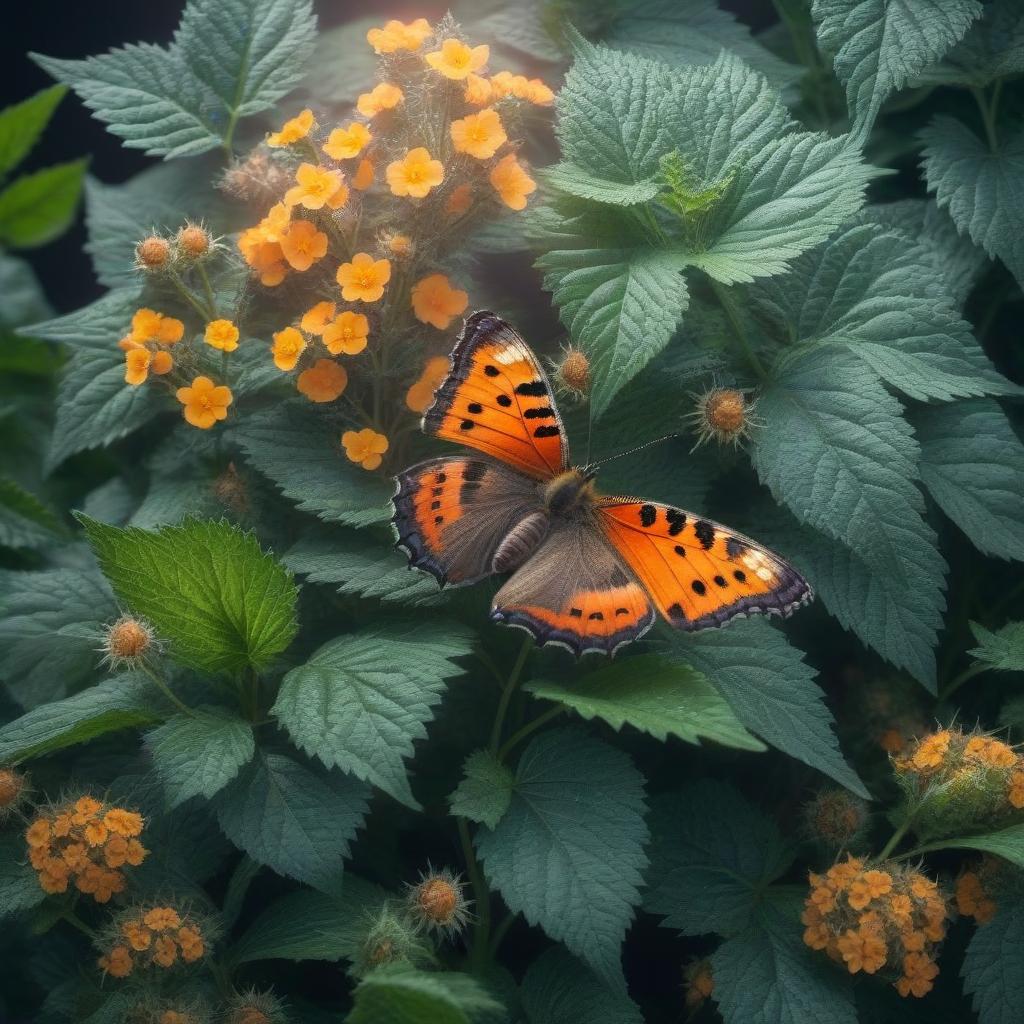  Butterfly "urticaria" on nettles hyperrealistic, full body, detailed clothing, highly detailed, cinematic lighting, stunningly beautiful, intricate, sharp focus, f/1. 8, 85mm, (centered image composition), (professionally color graded), ((bright soft diffused light)), volumetric fog, trending on instagram, trending on tumblr, HDR 4K, 8K