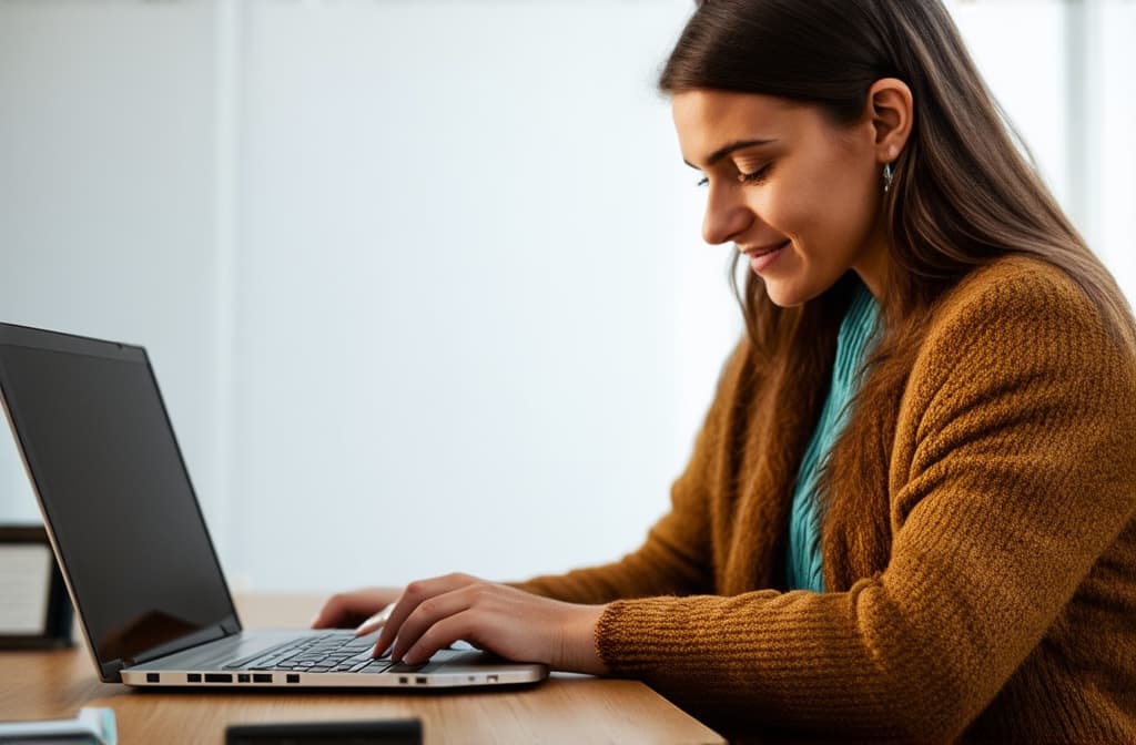  girl working on laptop, office style ar 3:2, (natural skin texture), highly detailed face, depth of field, hyperrealism, soft light, muted colors