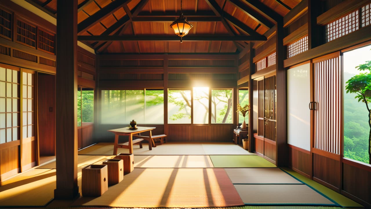  a serene japanese workshop, featuring skilled artisans shaping wood with traditional tools, intricate joinery techniques, warm sunlight streaming through shoji screens, and beautifully crafted wooden pieces displayed amidst natural materials and lush greenery. hyperrealistic, full body, detailed clothing, highly detailed, cinematic lighting, stunningly beautiful, intricate, sharp focus, f/1. 8, 85mm, (centered image composition), (professionally color graded), ((bright soft diffused light)), volumetric fog, trending on instagram, trending on tumblr, HDR 4K, 8K