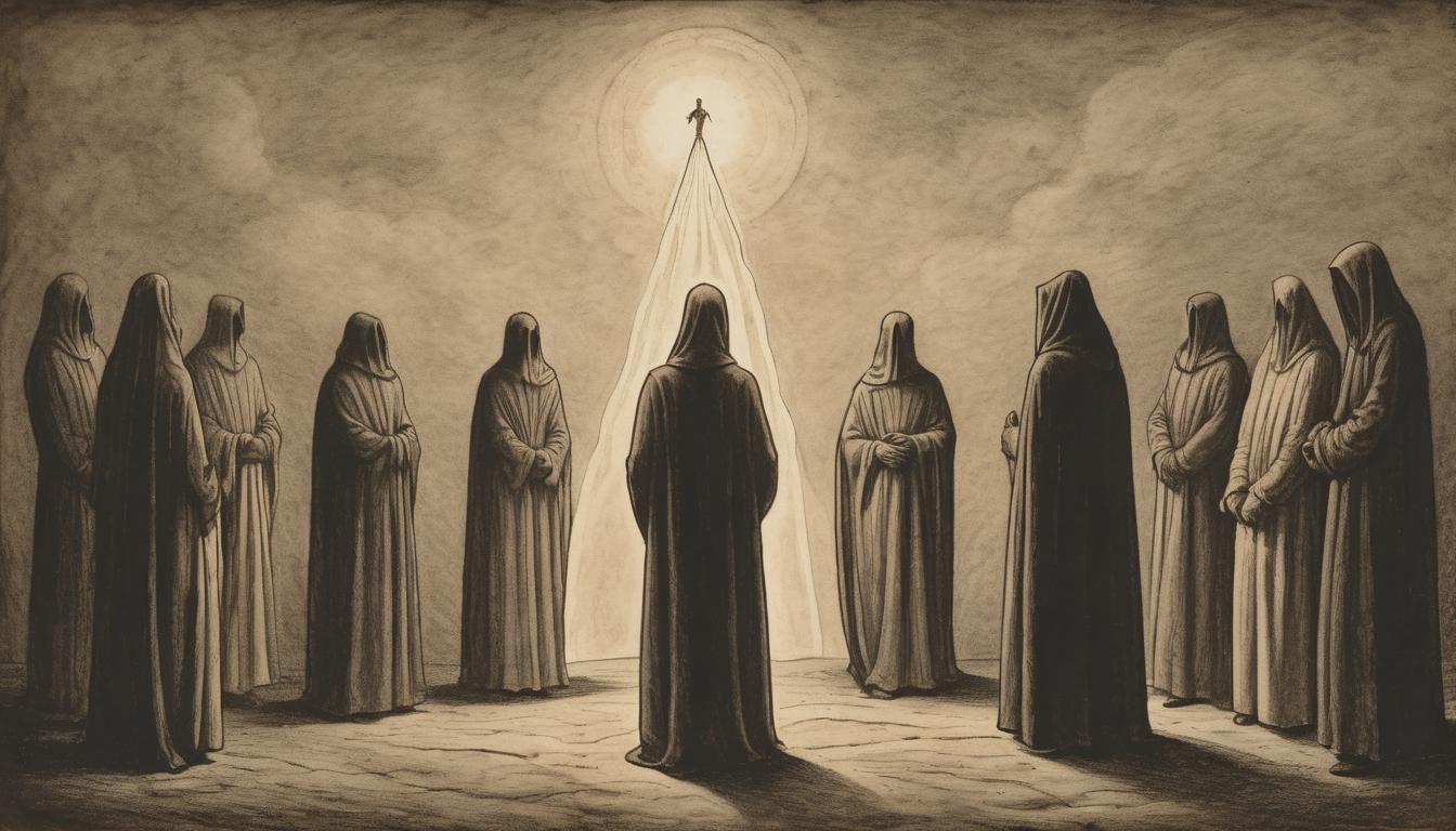  on parchment, surrealism++, a crowd of faceless figures standing in darkness, all facing away from an illuminated figure, beams of light around illuminated figure, contrast, ignorance vs. truth(mysterious, provocative, symbolic)++