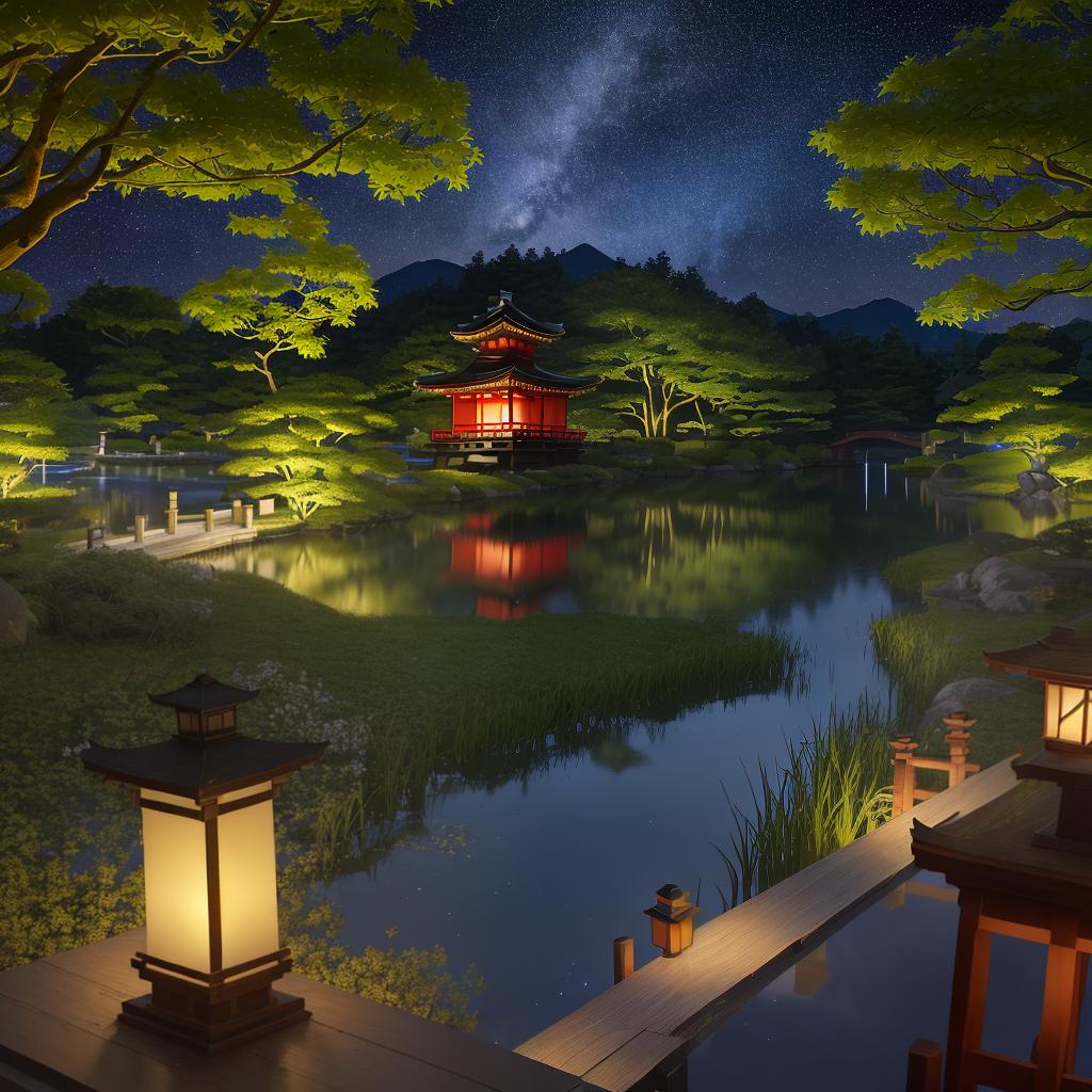  masterpiece, best quality, (Fidelity: 1.4), Best Quality, Masterpiece, Ultra High Resolution, 8k resolution, A night view inspired by Japanese art, featuring a garden illuminated by paper lanterns and a wooden bridge spanning a tranquil lake, by the lakeside, there is a small Zen temple. The water reflects the starry sky.