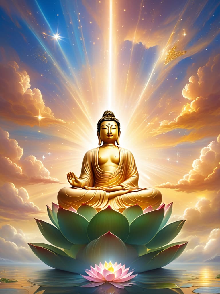  buddha seated majestically on a lotus throne in the celestial palace of the heavens. the buddha is depicted with a serene and compassionate expression, surrounded by a soft, radiant aura. he wears flowing golden robes with intricate patterns, symbolizing enlightenment and divine wisdom. the celestial palace is grand and ethereal, with towering, ornate pillars adorned with jewels and delicate carvings. the sky is filled with soft, glowing clouds and shimmering light, giving the scene a heavenly atmosphere. around the buddha, celestial beings and bodhisattvas are present, paying homage with graceful gestures, creating an aura of peace and reverence.