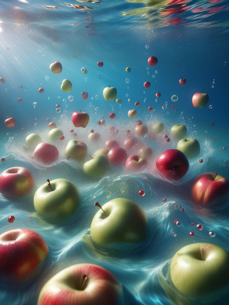  apples, splattered water flops, subsurface light, apple contours, instant capture, fuzzy movement. clear water surface, underwater bubbles, reflecting light, fruit colour photo realistic, highly intricate and detailed, masterpiece, ultra high res,photography,8k resolution