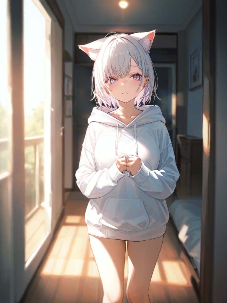  girls, cat ears, white hair, white hoodie, short hair, standing picture, masterpiece, best quality,8k,ultra detailed,high resolution,an extremely delicate and beautiful,hyper detail