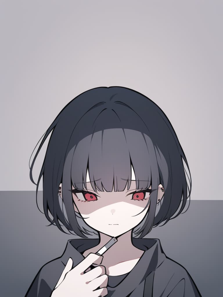  "a dark,moody illustration of a young woman with long black hair and blunt bangs. she is wearing oversized black clothes with long sleeves that cover her hands. her expression is tired and melancholic,with red eyes and flushed cheeks as if she's been crying or is emotionally exhausted. the background is muted and minimalistic,focusing on the character. she is holding a cigarette,and the smoke softly swirls around her. her ear is adorned with multiple piercings,adding a rebellious touch to her otherwise gloomy appearance. the overall color palette should be dark and muted,with heavy shadows and a sketchy,minimalistic art style."