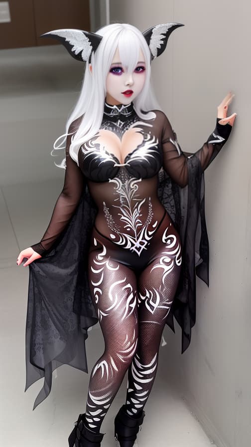  Black and silver flame pattern body paint in every corner of the whole body, Blark body paint full body,White face paint on the face, two succubuses, full body image 女の子