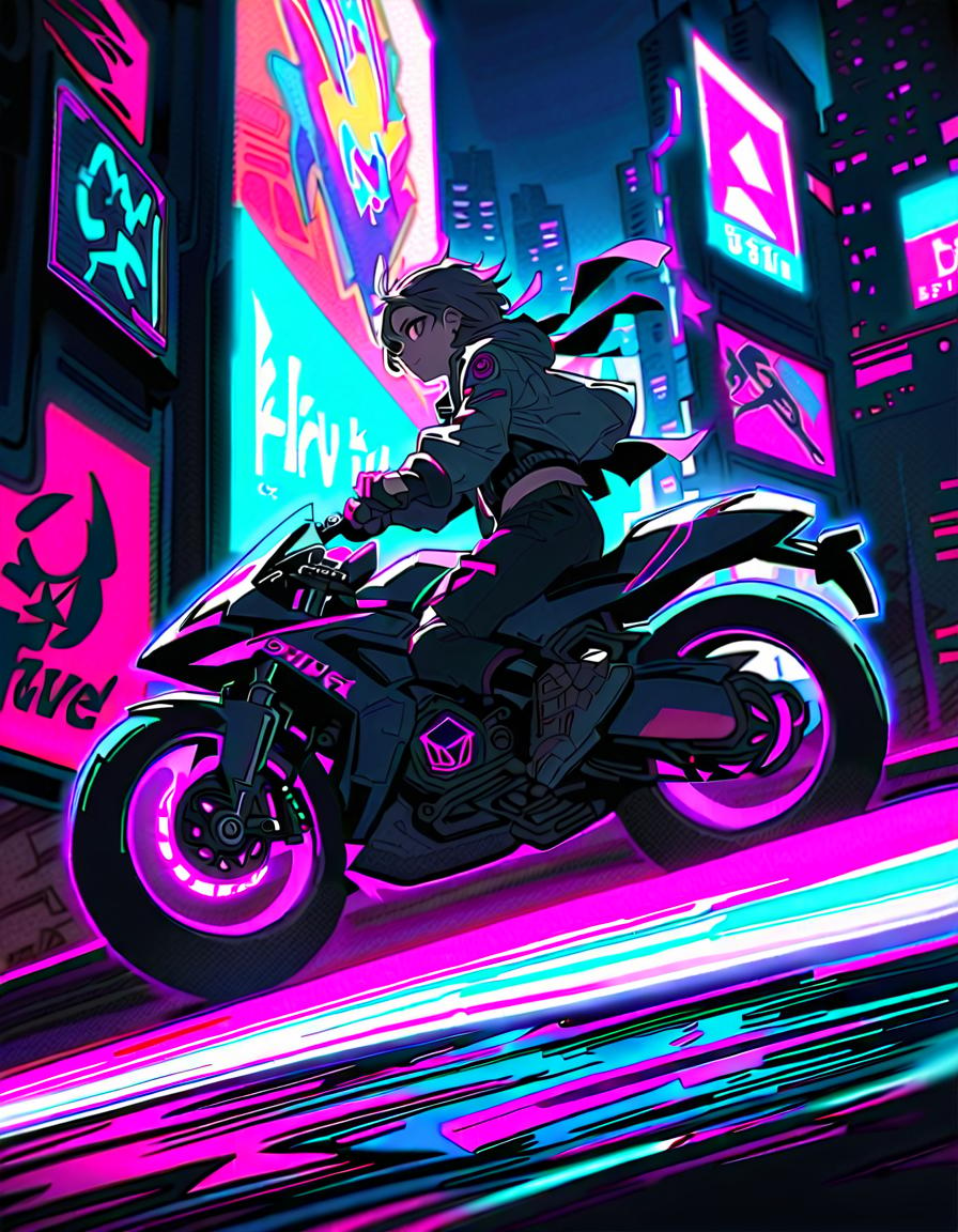  young male, wielding a katana,, determined, break cyberpunk street samurai, neon lit city street, graffiti, holographic billboards, neon signs, motorcycles, break gritty and electric, vibrant colors, futuristic lighting, motion blur, neon glow,