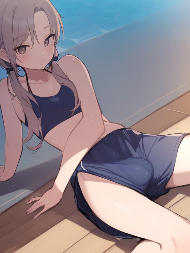  women's elementary students (male), twin tails, cute smiles, (rich s), low stature, dark blue swimwear, old swimwear, , simple (upward), male , (bulge), shaped clear , front , whole body, pool side,