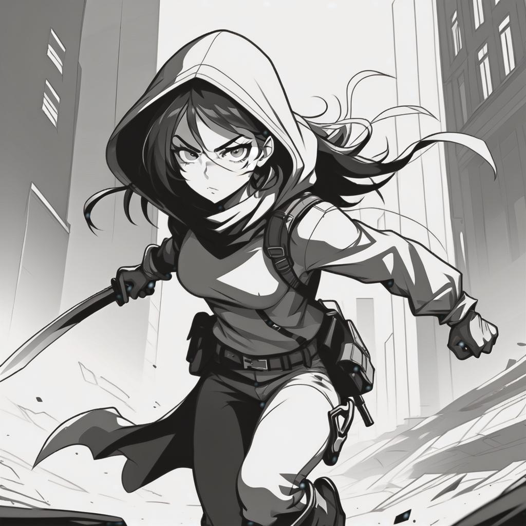  line art drawing rogue girl in ambush, same nightmare. anime style . professional, sleek, modern, minimalist, graphic, line art, vector graphics