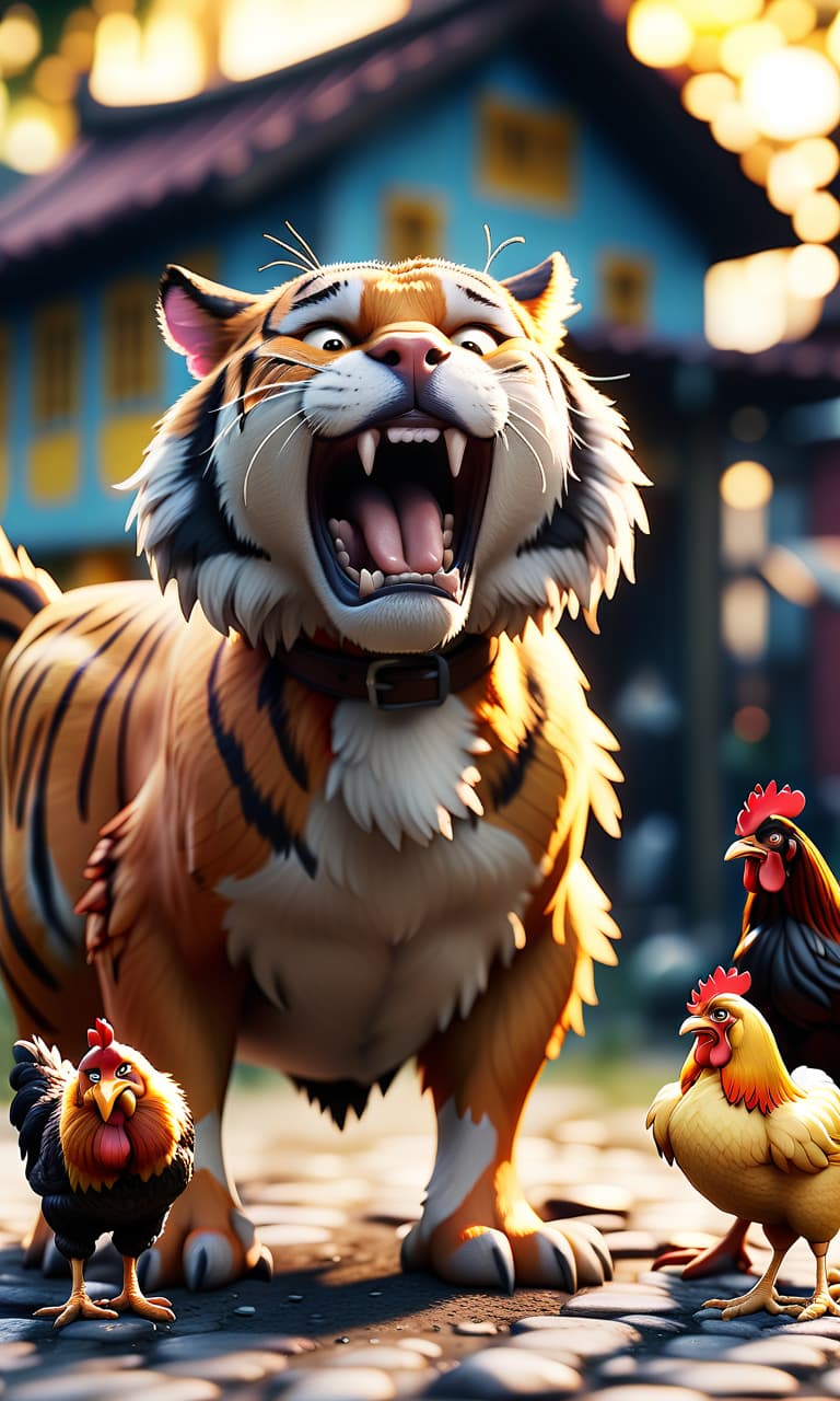  cinematic photo draw in one picture a growling tiger, a caring chicken with chickens and a sad dog . 35mm photograph, film, bokeh, professional, 4k, highly detailed, hkmagic