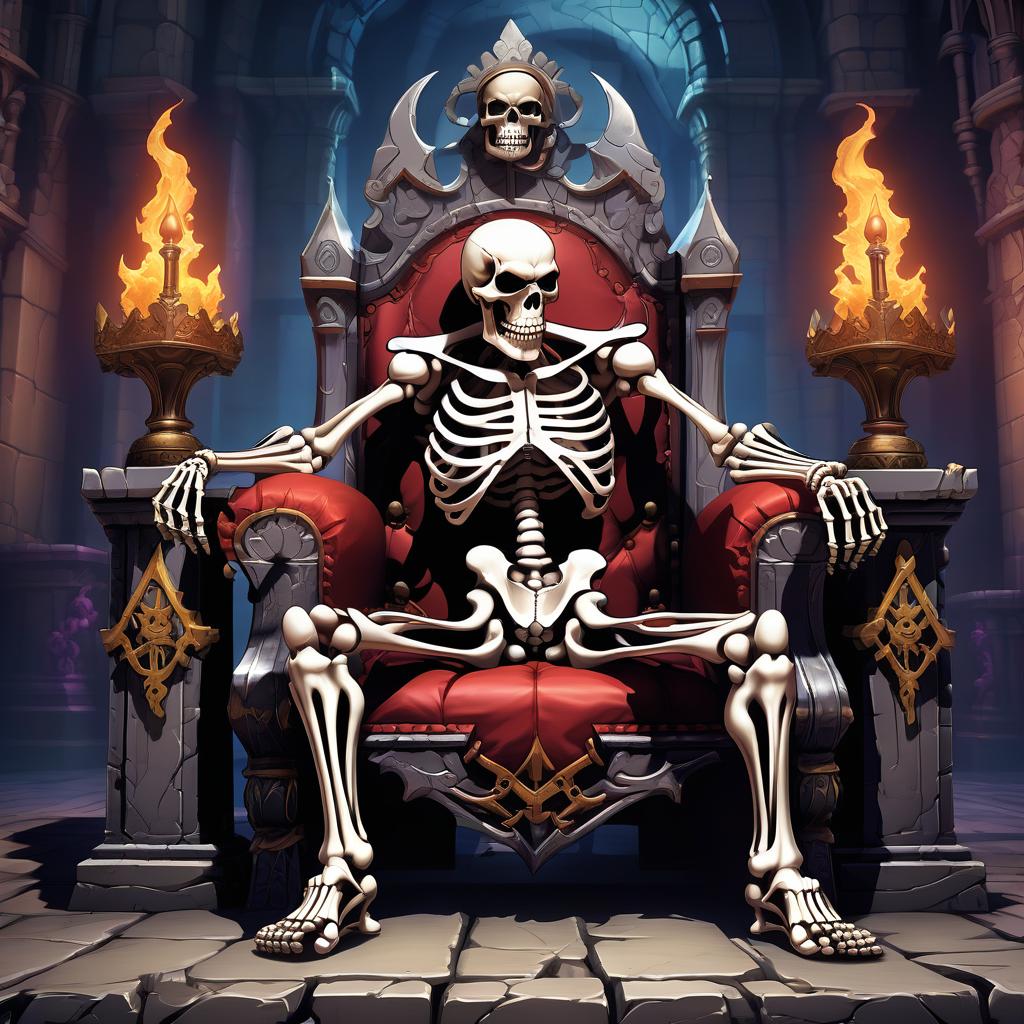  street fighter style a skeleton sitting on a throne in a castle . vibrant, dynamic, arcade, 2d fighting game, highly detailed, reminiscent of street fighter series