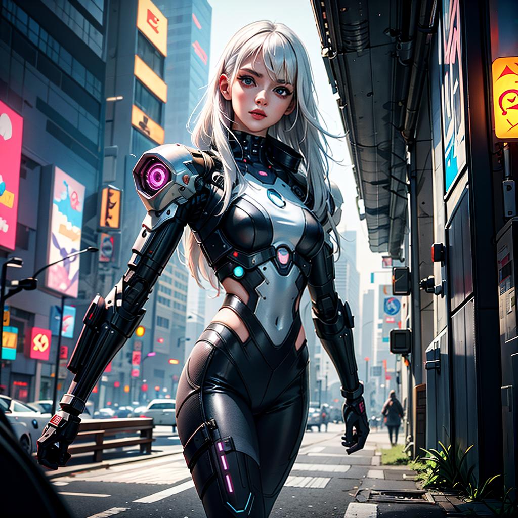  white haired young woman with a large sword, cybernetic arm, and wide gips, (cyberpunk:1.15)