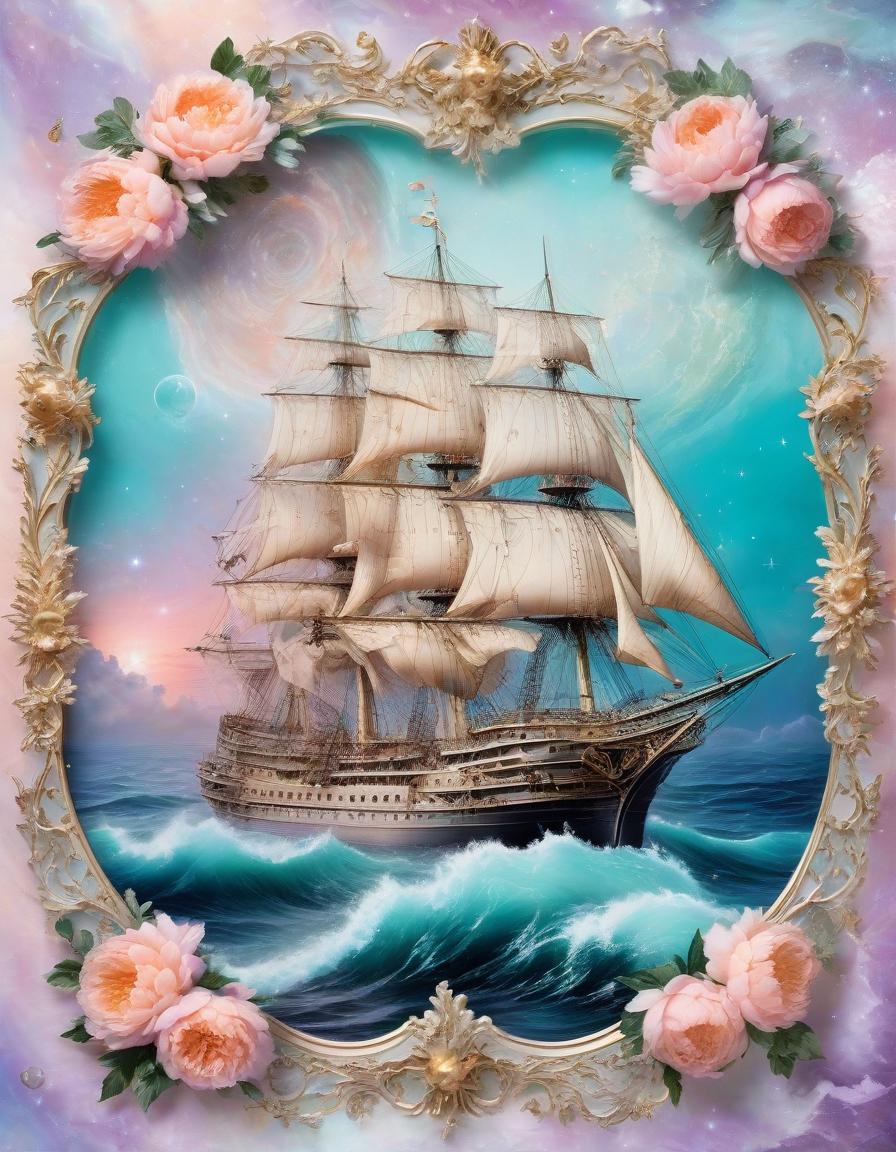  space themed a delicate image on a mother of pearl sheet in the artistic style of shabby chic and aivazovsky, double exposure, layering, a frigate under sail near the horizon, a frame of lush big peonies and roses near the ruins of old fortress, the sea at sunset, aquamarine, turquoise and a gradient from peach to light purple, gold craquelure, digital academic processing, high quality, filigree drawing of small details . cosmic, celestial, stars, galaxies, nebulas, planets, science fiction, highly detailed