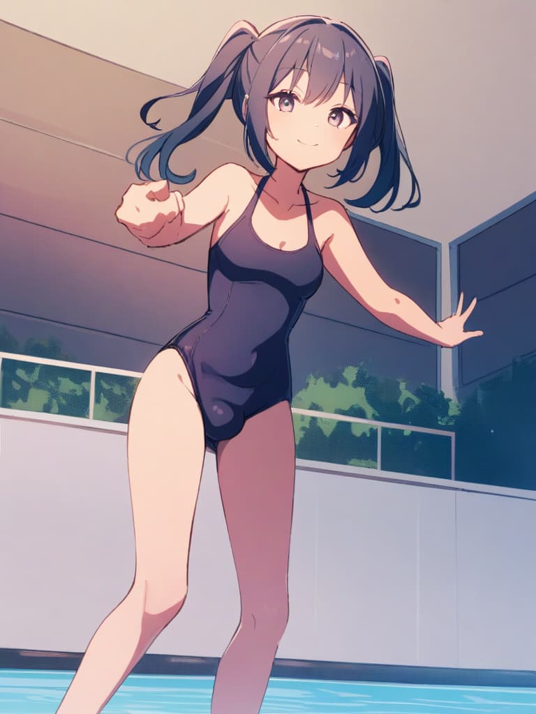  women's elementary students (male), twin tails, cute smiles, (rich s), low stature, dark blue swimwear, old swimwear, , simple, (upward), upward, (bulge), front, whole body, pool side ,,,