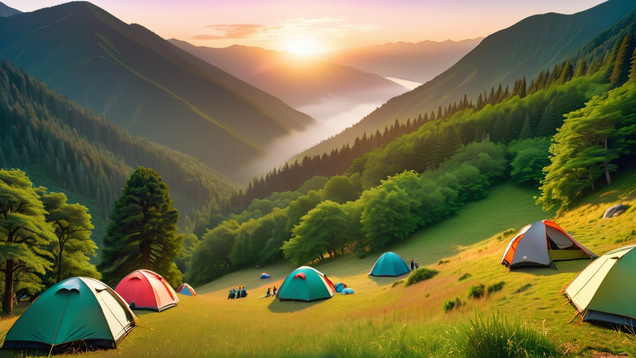  a vibrant scene of diverse backpackers exploring lush green mountains, colorful tents scattered across a serene valley, iconic landmarks in the background, and a sunset casting warm hues over a winding trail. hyperrealistic, full body, detailed clothing, highly detailed, cinematic lighting, stunningly beautiful, intricate, sharp focus, f/1. 8, 85mm, (centered image composition), (professionally color graded), ((bright soft diffused light)), volumetric fog, trending on instagram, trending on tumblr, HDR 4K, 8K