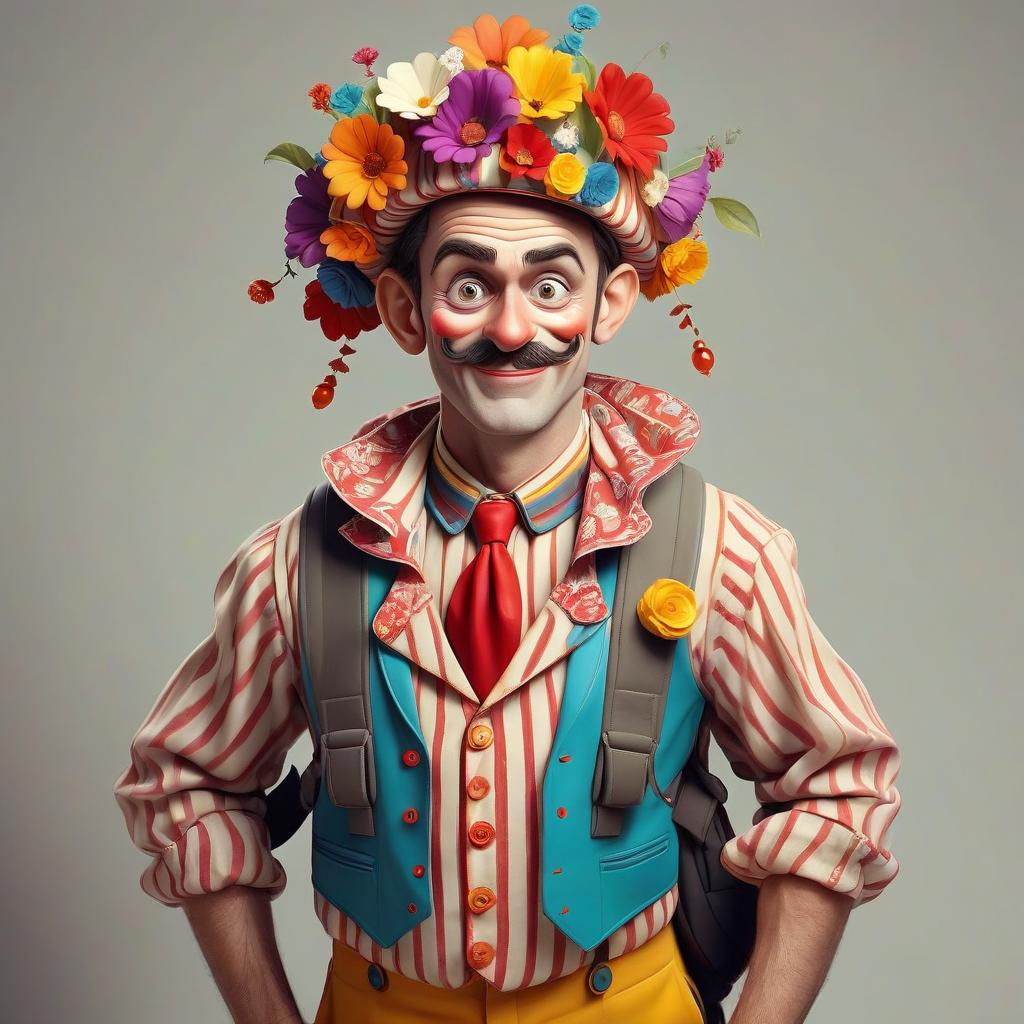  a circus man who is musical, funny, friendly with children. clothes with bright flowers. the headdress is original with flashlights. he has a backpack on his back