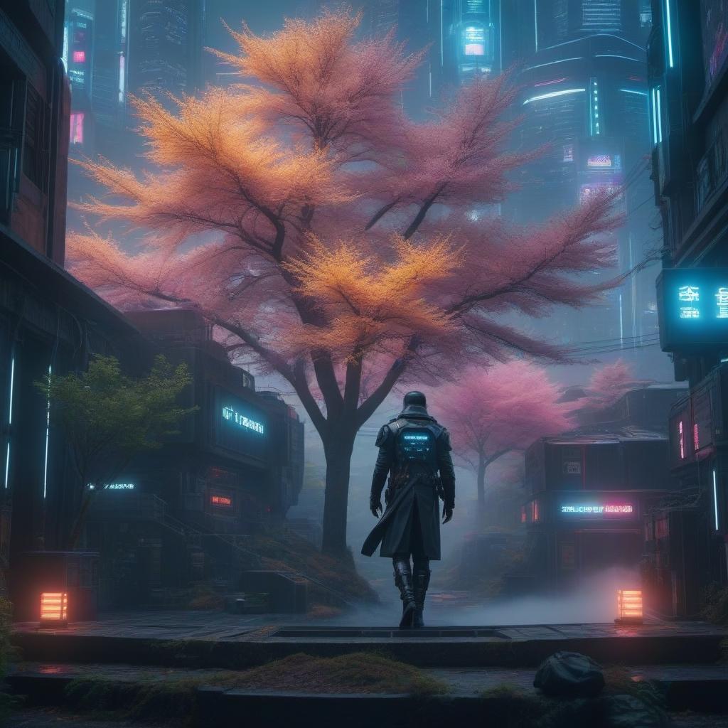  Cyberpunk landscape hyperrealistic, full body, detailed clothing, highly detailed, cinematic lighting, stunningly beautiful, intricate, sharp focus, f/1. 8, 85mm, (centered image composition), (professionally color graded), ((bright soft diffused light)), volumetric fog, trending on instagram, trending on tumblr, HDR 4K, 8K