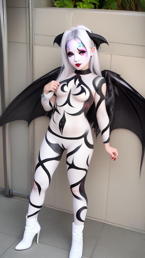  White and Blark flame pattern body paint in every corner of the whole body, BLACK body paint full body, grey face paint on the face, succubus sisters, full body image girl