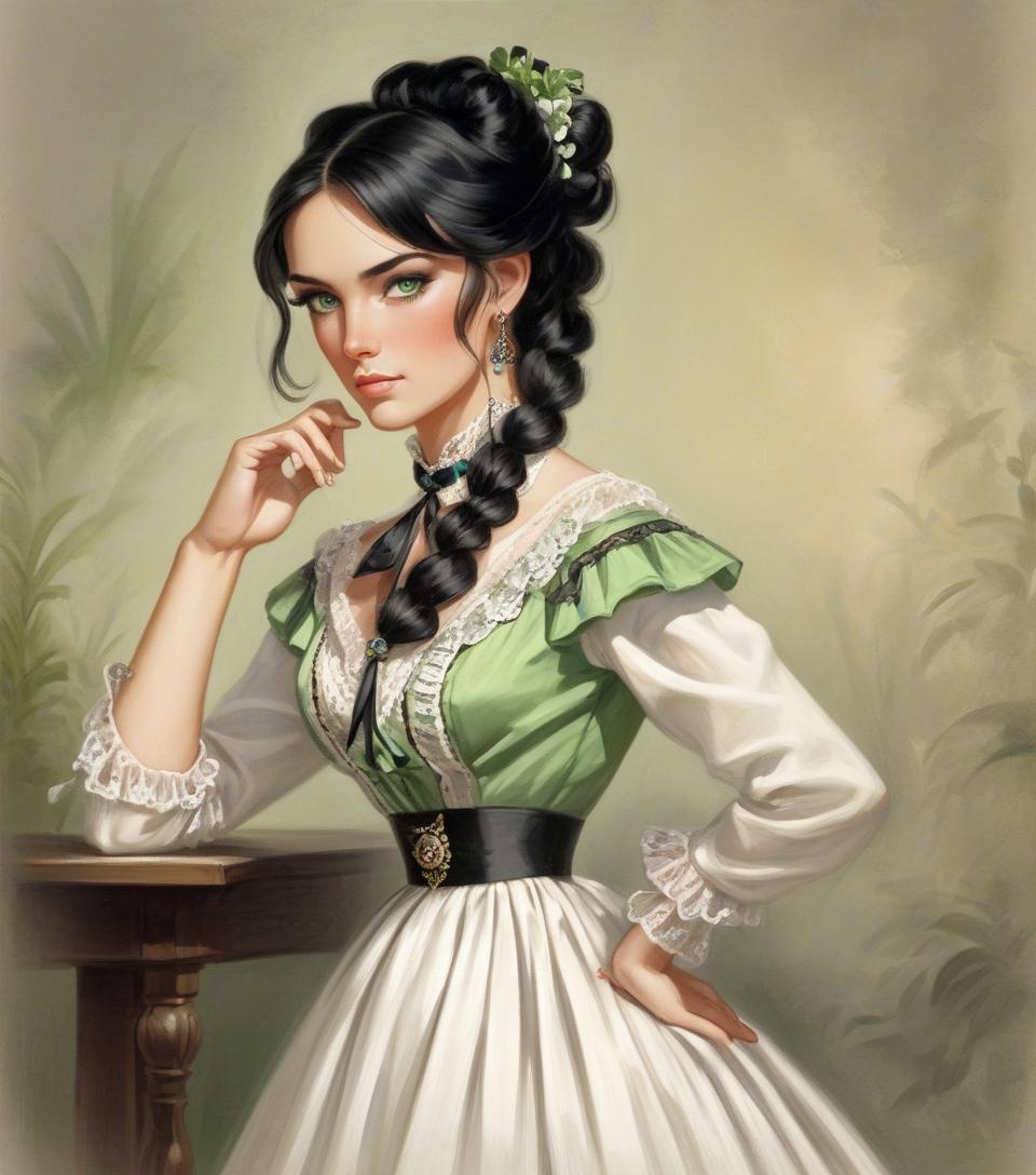  1875, southern lady, black hair, green eyes, feminine dress, wild west, wears her hair tied up, white victorian dress