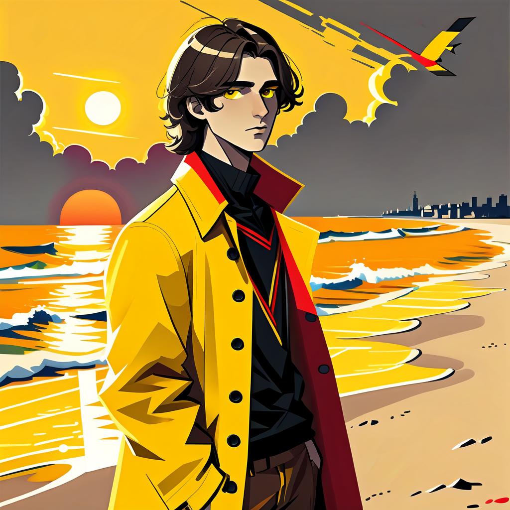  constructivist style a young man stands on the beach. he has long dark brown hair that gently falls on his shoulders, and his face, with jewish and slavic features, exudes calmness with brown eyes. he is dressed in a bright yellow coat that immediately attracts attention and contrasts with the surrounding landscape. under the coat is a black shirt, and black pants are additionally decorated with yellow elements, creating a harmonious and stylish image. the sun sets over the horizon, shrouding everything around in red shades, and bright red stripes lie on the surroundings contrasting with the darkness and creating a magical atmosphere. . geometric shapes, bold colors, dynamic composition, propaganda art style