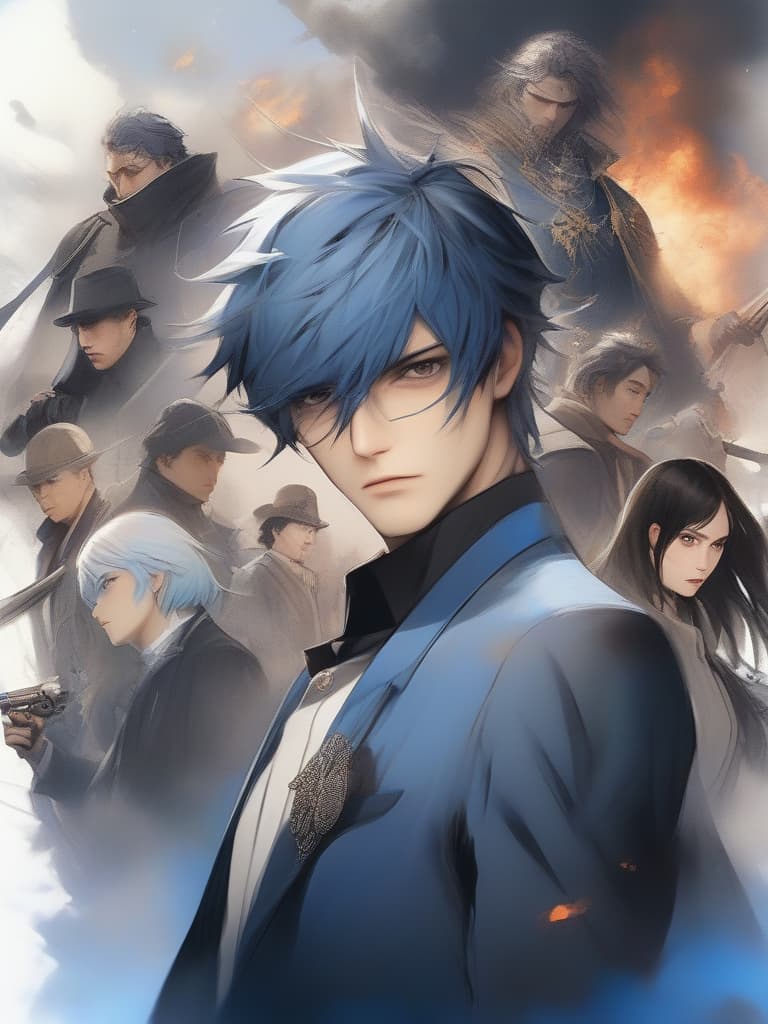  adult men, handsome, suit, expressionless handsome, with the ability to manipulate fire and wind, a straight blue hair on the shoulder and black eyes