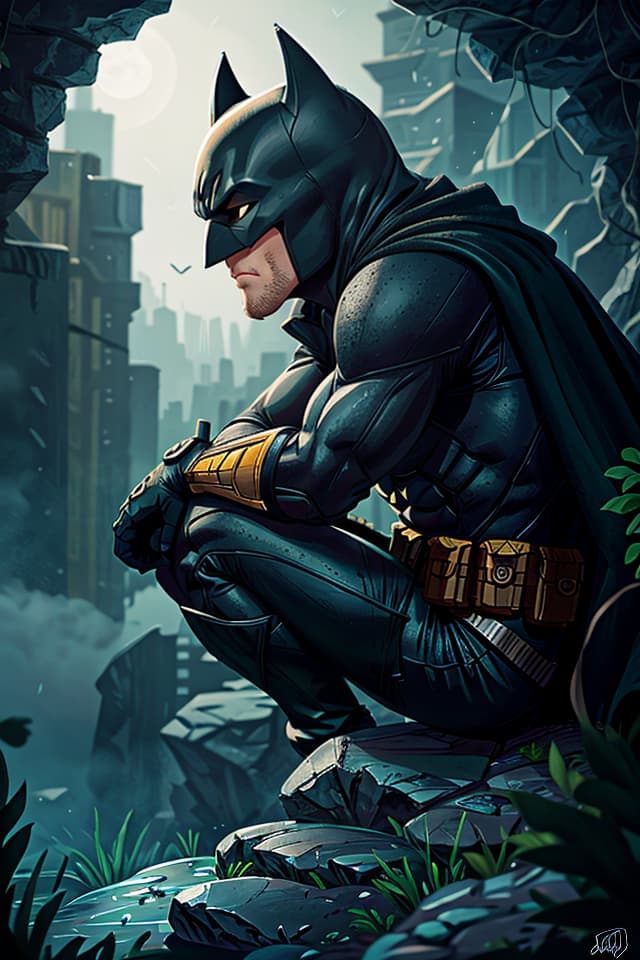  batman sitting on a rock, figure of the batman is side view, batman is thinking, hq, hightly detailed, 4k