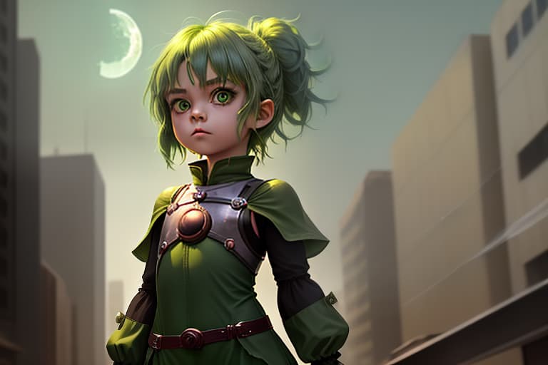  a little girl with green hair and narrow eyes in a green iron outfit from the movie runs through the city. there is a green moon and smoke all around