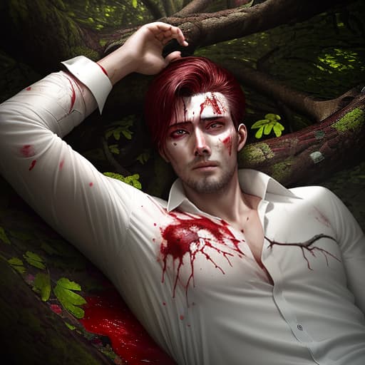  wounded handsome man in a white shirt lies in the forest among fallen trees, the eye is pierced by a branch, expires with red liquid