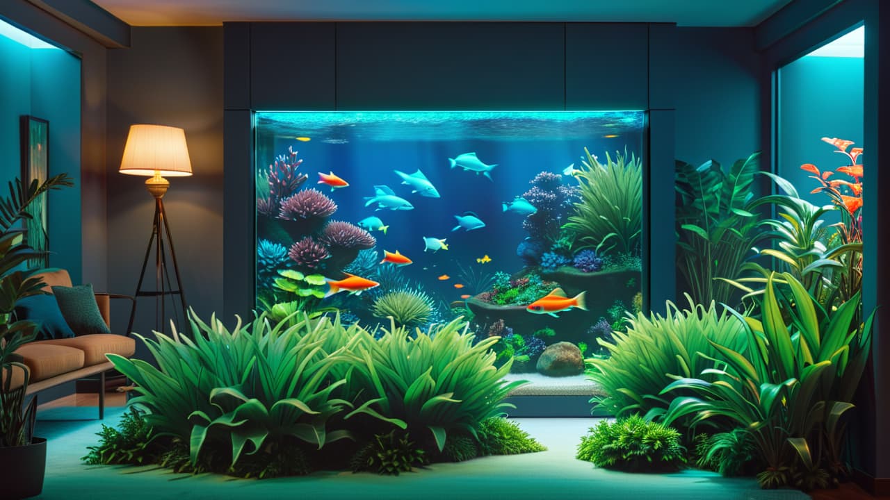  a serene aquarium scene featuring vibrant fish swimming among lush green plants, soft blue lighting illuminating the water, and a cozy room setting with a person calmly observing the tank, reflecting tranquility and peace. hyperrealistic, full body, detailed clothing, highly detailed, cinematic lighting, stunningly beautiful, intricate, sharp focus, f/1. 8, 85mm, (centered image composition), (professionally color graded), ((bright soft diffused light)), volumetric fog, trending on instagram, trending on tumblr, HDR 4K, 8K