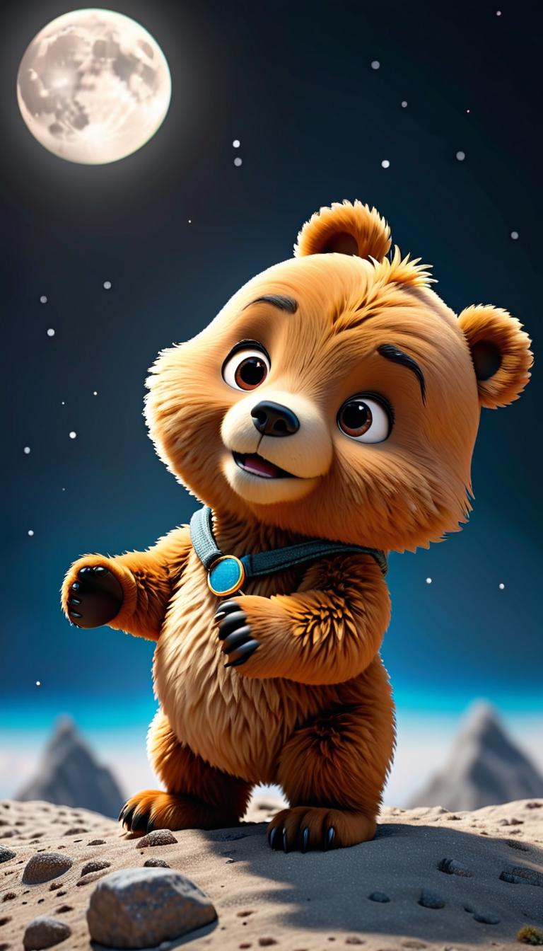  professional 3d model of cute little bear hanging on moon . rendered with octane, the model is highly detailed,dramatic lighting. hyperrealistic, full body, detailed clothing, highly detailed, cinematic lighting, stunningly beautiful, intricate, sharp focus, f/1. 8, 85mm, (centered image composition), (professionally color graded), ((bright soft diffused light)), volumetric fog, trending on instagram, trending on tumblr, HDR 4K, 8K