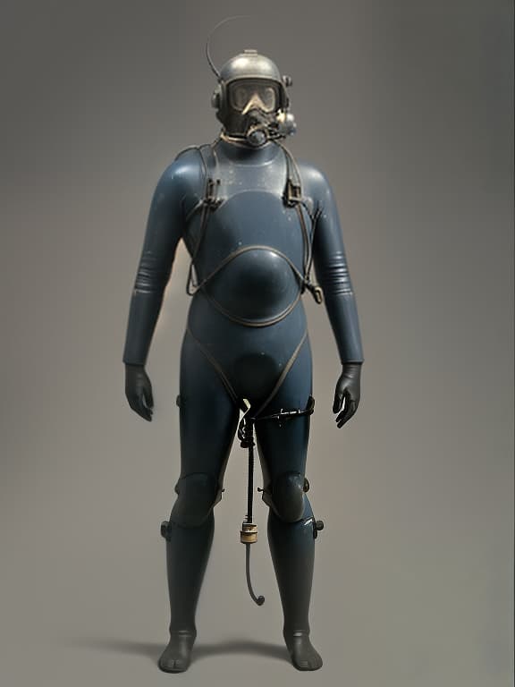  a man in a huge, old underwater diving suit, full length, in a helmet, stands straight, arms shoulder width apart. image diagram.