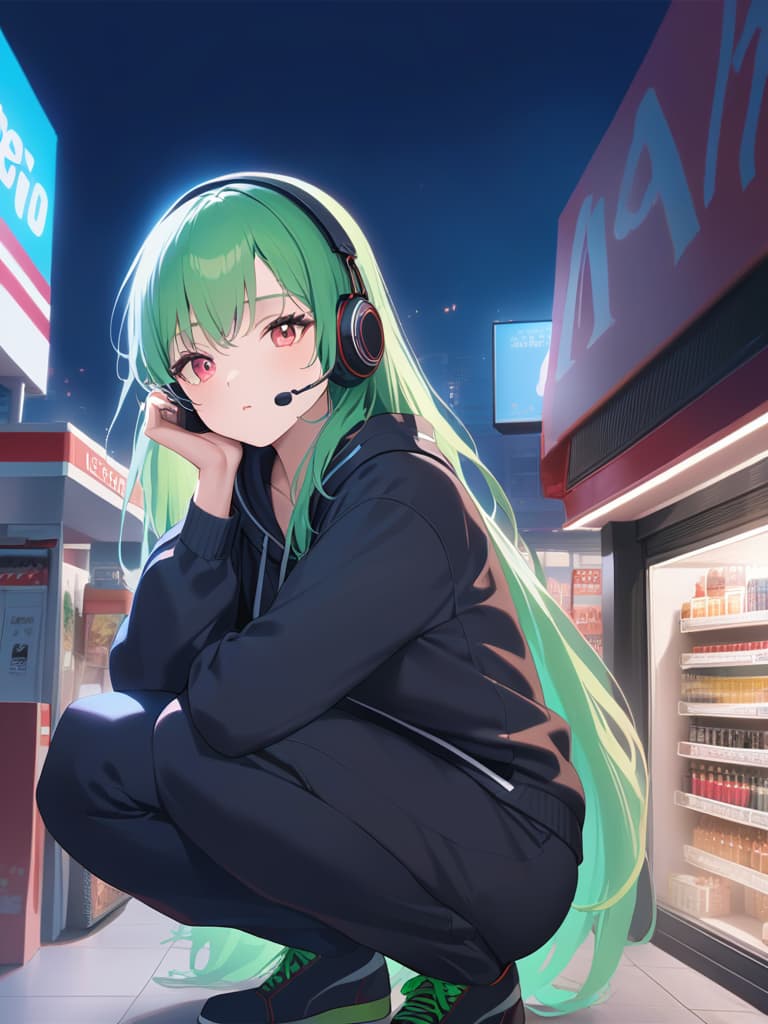  1girl,green hair,(((very long hair))),up angle,(((血眼))),(((headphone))),(((black jogging suits))),(((squatting:1.3))),(((outside the convenience store at night:1.5))),realistic