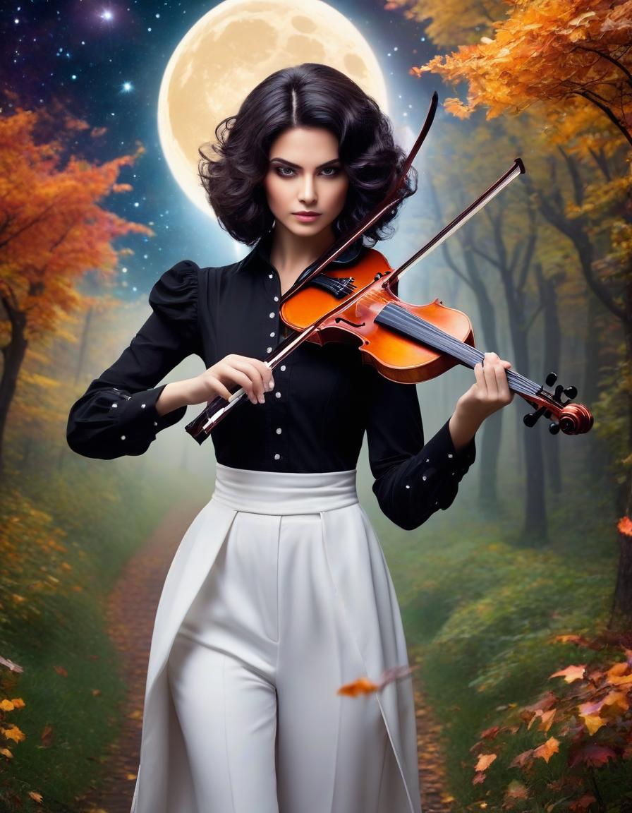  space themed an androgynous ager of with dark wavy hair to the shoulders in a black shirt with rolled up sleeves and black trousers, with a violin and a bow and a of of slavic appearance with dark hair in a bob, in a white dress with a very fluffy above the , with a violin and a bow, stand on an autumn alley and play the violin, in the sky there is a moon and stars . cosmic, celestial, stars, galaxies, nebulas, planets, science fiction, highly detailed