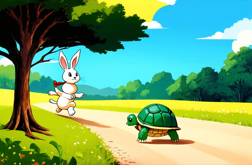  flat illustration, flaticon, (illustration:1.15), bunny running after turtle on a road ar 3:2, [cory loftis, strobist, pascal campion :: 0.2]