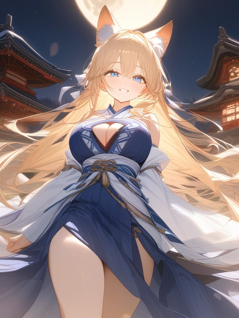  blond, blue eyes, night, big moon, shrine maiden, wolf ears, up, smile, masterpiece, best quality,8k,ultra detailed,high resolution,an extremely delicate and beautiful,hyper detail