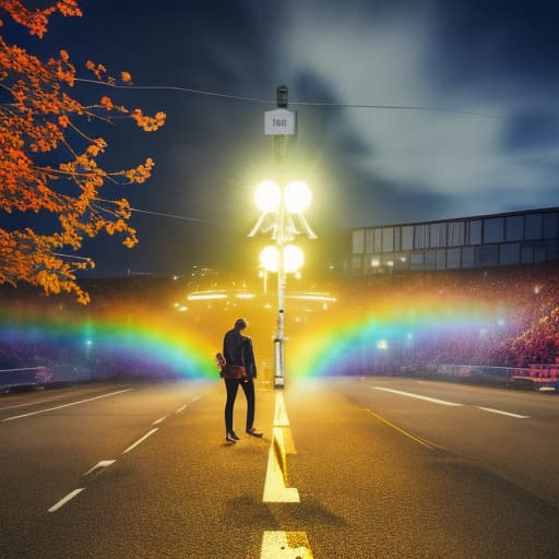  photo about the rainbow of life hyperrealistic, full body, detailed clothing, highly detailed, cinematic lighting, stunningly beautiful, intricate, sharp focus, f/1. 8, 85mm, (centered image composition), (professionally color graded), ((bright soft diffused light)), volumetric fog, trending on instagram, trending on tumblr, HDR 4K, 8K