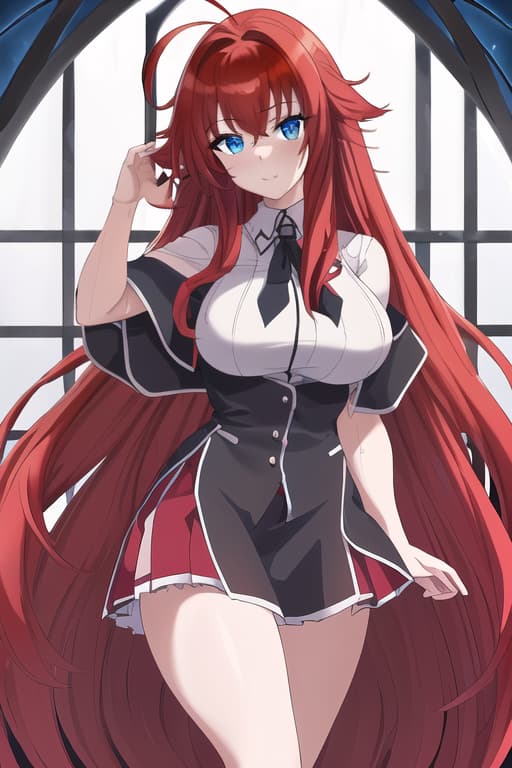  ,masterpiece, best quality, 1women, long red hair, looking at viewer, :3, cute, black uniform, outdoors, streets, cow shot, curvy, (((blue eyes))), rias gremory, red hair, antenna hair, wavy hair, ((beautiful detailed eyes, beautiful detailed glow, lots of glow)), anime screencap,women, masterpiece, best quality, high quality, solo