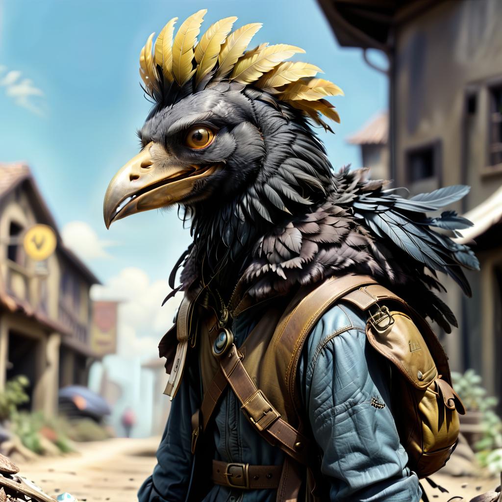  dystopian style black with blue tint avian humanoid race with crow head alchemist, small beak, mischievous yellow eyes, smiling, feathers ruffled, wearing travelers rags and leather cloak with lots of pockets, has big backpack with pockets, bomb in hand, magical laboratory background . bleak, post apocalyptic, somber, dramatic, highly detailed, civitai