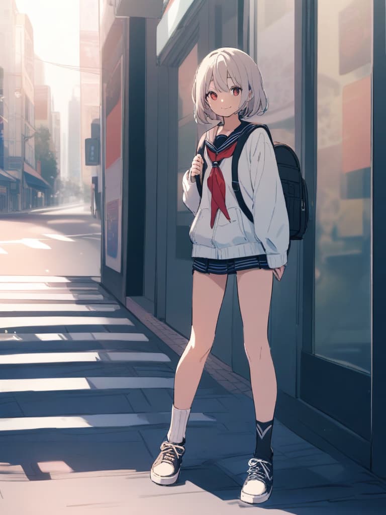  s junior high , (male ), sailor suit, mini , transvese, short hair, cute smile, backpack, ultra long row socks, bottom sneakers, whole body, in the city,