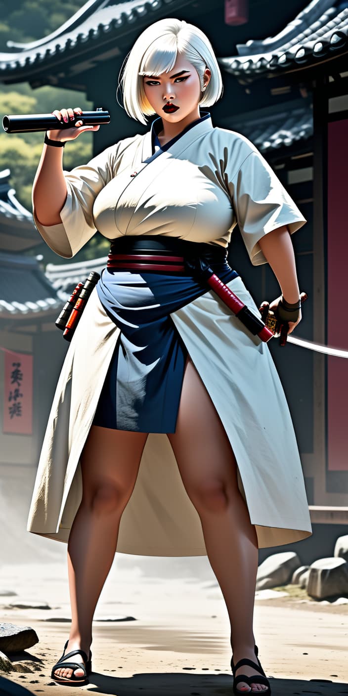  concept art in full growth, turned sideways, beautiful girl, the ancestor of the samurai, killer, heavy and fat, big legs, in dress, with sword in back, pistol in hand, white short hair, with lipstick, in a fighting position, concept art, illustrative, in color, digital artwork, highly detailed . digital artwork, illustrative, painterly, matte painting, highly detailed