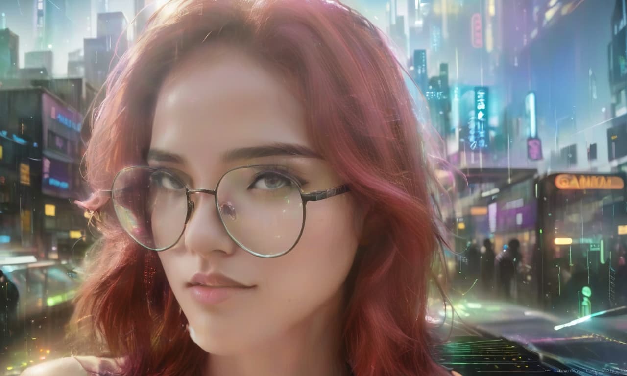  ((masterpiece, digital art: 1.3), very complex double exposure drawing inspired by yuumei,girl, glasses superimposed on a busy city street, cyberpunk aesthetics, cgsociety trend, multiple exposure technique, texture overlay with luminous holographic elements, technicolor color palette, bright city lights illuminating the scene, reminiscent of color the gamut of the matrix movie on pinterest, high definition images, colorful fairy tale atmosphere, carefully crafted details i, civitai, glowneon