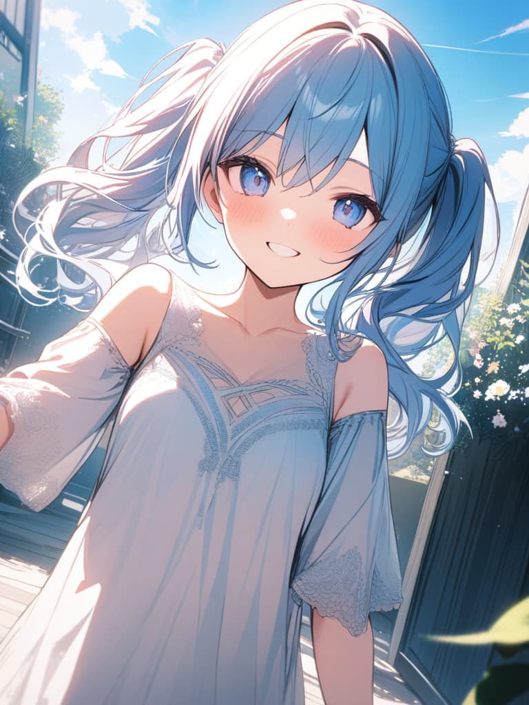  smile, spreading hands, light blue hair, twin tails, girls, summer, iromo, masterpiece, best quality,8k,ultra detailed,high resolution,an extremely delicate and beautiful,hyper detail