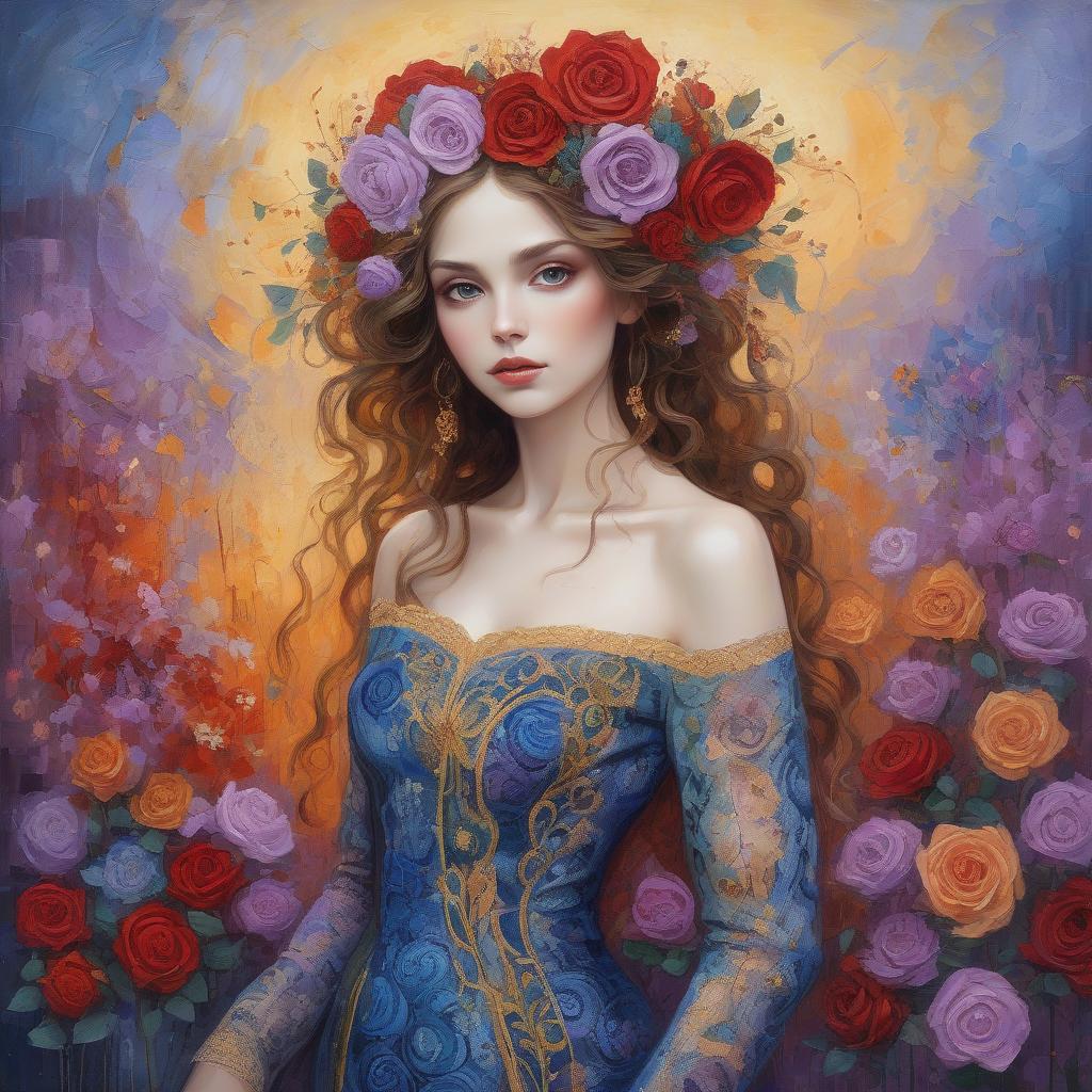  abstract expressionist painting a close up full body portrait of an stylish beautiful woman dressed in klimt style with a beautiful and very detailed face,style of jean baptiste monge, van gogh style, so many kind of flowers ,roses, klimt style. sunset. background, masterpiece, use shades of purple , blue, red and green best quality, super detailed, high resolution, very detailed, 8k uhd, realistic, (natural light), amazing, fine details, best, high quality, raw photo. arte nova. ember filigree and lace. . energetic brushwork, bold colors, abstract forms, expressive, emotional